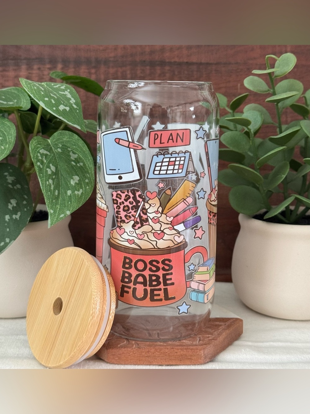 "Boss Babe Fuel" Glass Tumbler with Bamboo Lid -